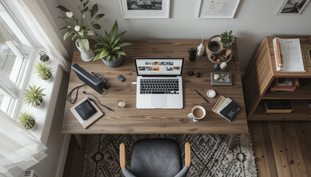 Desk arranged with a laptop, plants, stationery, and a warm beverage creating a productive atmosphere.の素材