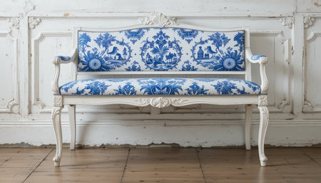 A beautifully crafted bench featuring intricate blue and white floral designs, placed against an ornate wall.の素材