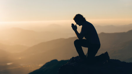 A lone man kneels on a rocky ledge, silhouetted by a breathtaking sunset in the mountains, deep in thought.の素材