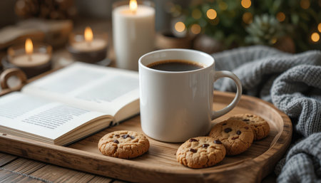 Enjoying coffee and freshly baked cookies while reading a book next to flickering candles sets a cozy mood.の素材