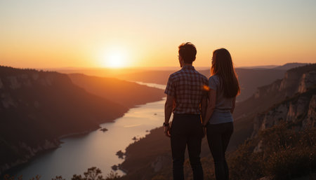 A couple stands hand in hand, watching a beautiful sunset over a tranquil river valley with hills.の素材