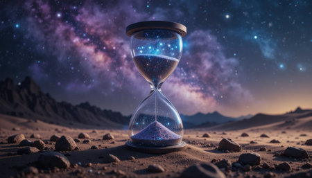 An hourglass stands on a rocky wasteland, lit by a stunning galaxy in the dusk sky.の素材