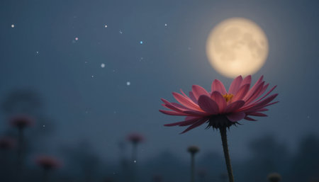 A serene flower stands tall against a glowing full moon on a calm night with a gentle mist enveloping the scene.の素材
