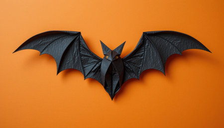 A detailed origami bat with intricate folds stands out against a vibrant orange backdrop, showingcasing artistry.の素材