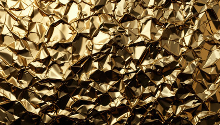 A shiny golden foil surface exhibits crumpled texture, catching light and creating an attractive pattern of reflections.の素材