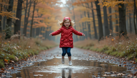 A young child in a red jacket plays and jumps in a puddle surrounded by colorful leaves in a forest during autumn.の素材