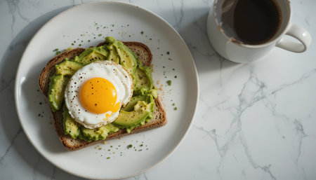 Avocado spread on whole grain toast with a sunny-side-up egg alongside a steaming cup of coffee.の素材