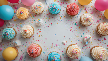 Festive display of cupcakes in various colors arranged with balloons and confetti for a joyful celebration.の素材