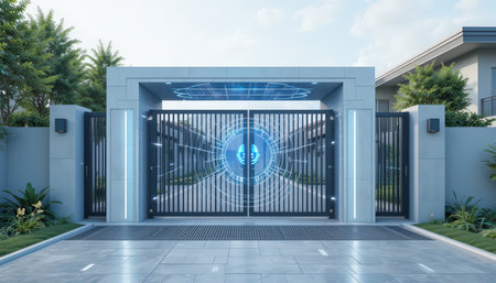 A sleek entrance gate with advanced security features is set in a landscaped area, showcasing modern design.の素材