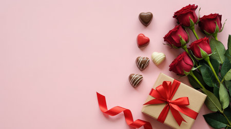 Flat lay of vibrant roses, heart-shaped chocolates, and a wrapped gift on a pink background.の素材