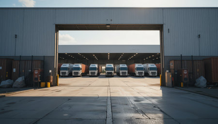 A large warehouse displays a fleet of trucks lined up for loading, surrounded by containers, in clear daylight.の素材