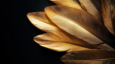 Golden feathers exhibit detailed textures and a warm glow, contrasting beautifully with a dark, shadowy backdrop.の素材