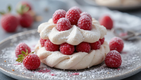 An exquisite pavlova features layers of meringue and whipped cream, adorned with juicy raspberries for a sweet treat.の素材