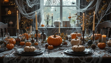 Warm and inviting autumn table adorned with pumpkins, candles, and autumn decorations in a rustic dining room.の素材