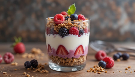 Creamy yogurt layered with strawberries, blackberries, raspberries, and granola creates a colorful dessert.の素材