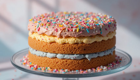 A delicious multi-layered cake topped with pink frosting and vibrant sprinkles sits on a clear glass plate.の素材