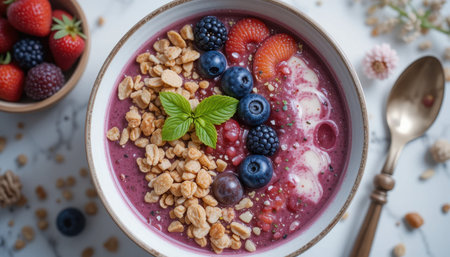 Colorful smoothie bowl featuring berries and granola served with a side of strawberries and decorative flowersの素材