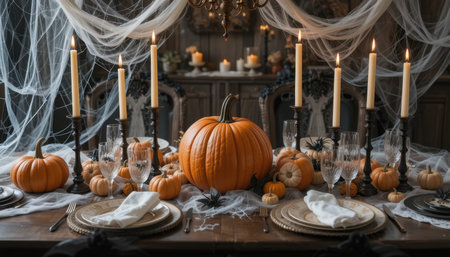 A beautifully set Halloween table with pumpkins, candles, and cobwebs for a festive vibe.の素材