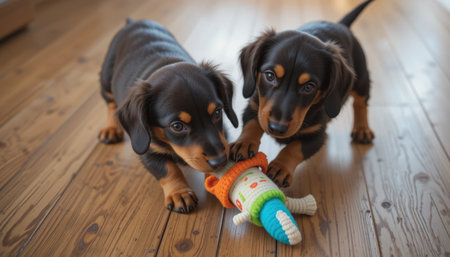 Two adorable puppies interact with a colorful toy on a warm wooden floor, showing their playful nature.の素材