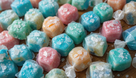 Brightly colored candies with various flavors displayed attractively on a wooden surface, perfect for any celebration.の素材