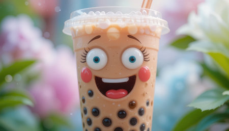 A cheerful cup of bubble tea with a smiley face attracts attention among blooming flowers in a sunny outdoor area.の素材