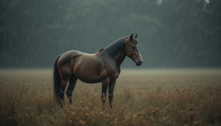 A brown horse stands gracefully amidst tall grass in a field, rain falling softly around it on a cloudy day.の素材