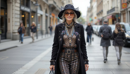 A woman showcases modern fashion with confidence while strolling through an urban street filled with pedestrians.の素材