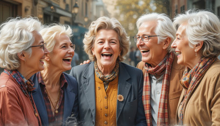 A group of older adults share laughter and joy, showcasing their close friendship against a picturesque autumn backdrop.の素材