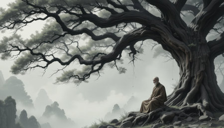 A serene figure sits in meditation beneath a large tree, surrounded by misty mountains at dawn, exuding calmness.の素材