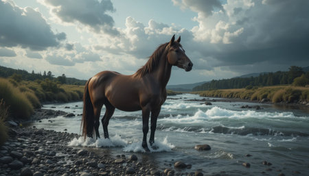 A horse stands in a shallow river, water splashing around its legs as dark clouds gather overhead during sunset.の素材