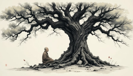 A serene figure meditates at the base of a large, gnarled tree with intricate roots, embodied peace and reflection.の素材