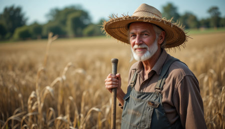 An elderly farmer with a straw hat holds a wooden stick while standing in a vibrant wheat field under clear skies.の素材