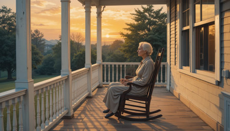 An elderly woman sits in a rocking chair on a veranda, appreciating the calm sunset while surrounded by nature.の素材