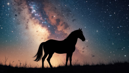 A horse stands in profile under a brilliant night sky full of stars and celestial colors, creating a serene atmosphere.の素材