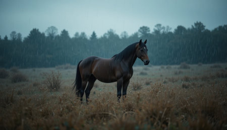 A horse stands gracefully in a field soaked by rain, surrounded by tall grass and trees under a cloudy sky.の素材