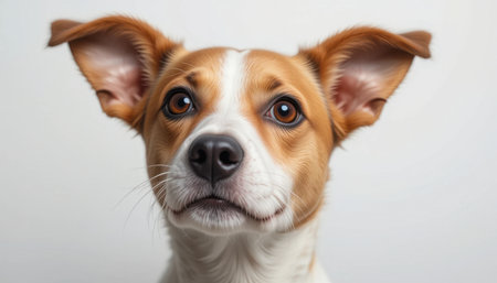 A close-up of a dog featuring brown and white fur, showing its curious expression and attentive ears.の素材