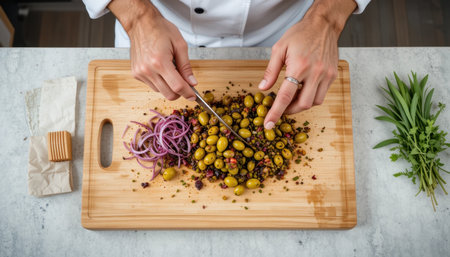 Hands chop olives and onions on a cutting board, surrounded by fresh herbs in a contemporary kitchen setting.の素材