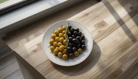 Fresh yellow and black olives are neatly arranged on a plate on a wooden table, illuminated by sunlight.の素材