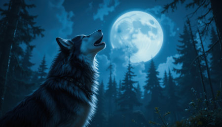 A wolf howls towards the full moon surrounded by tall trees in a moonlit forest setting.の素材