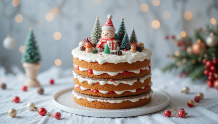 A beautifully crafted three-layer cake topped with festive decorations and a cheerful snowman surrounded by small trees.の素材