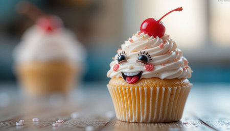 A cheerful cupcake with facial features and a cherry, resting on a wooden surface in a well-lit kitchen.の素材