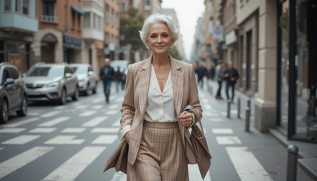 Woman in a tailored suit walks along a bustling city street, exuding confidence and elegance in a vibrant atmosphere.の素材