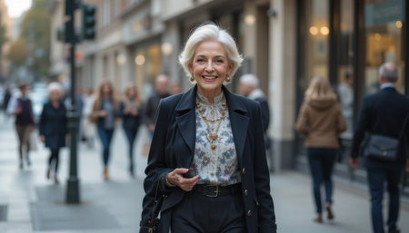Charming elderly woman strolls through a busy city, radiating confidence and joy in the lively atmosphere.の素材