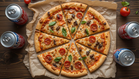 A freshly baked pepperoni pizza with cherry tomatoes and basil leaves placed on parchment, surrounded by drinks.の素材