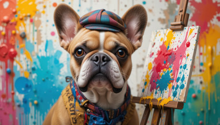 A French bulldog dressed in a hat poses next to a vibrant stylish canvas filled with paint splashes.の素材