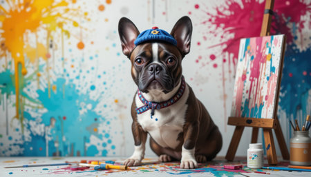 A cheerful dog dressed in a blue hat sits in a vibrant art studio filled with splashes of paint and art supplies.の素材