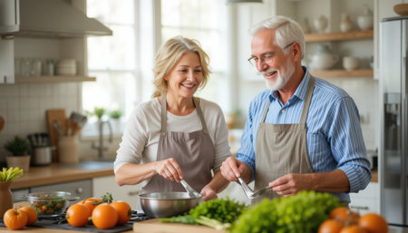 Two adults joyfully prepare a meal in a well-lit kitchen, surrounded by fresh produce and a warm atmosphere.の素材