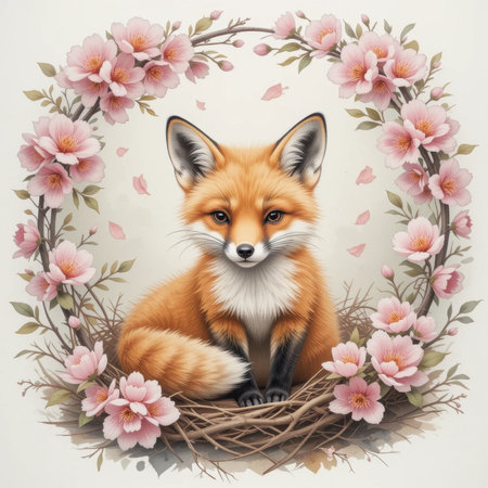 A graceful fox rests in a nest of twigs, surrounded by blooming pink flowers, creating a peaceful spring vibe.の素材