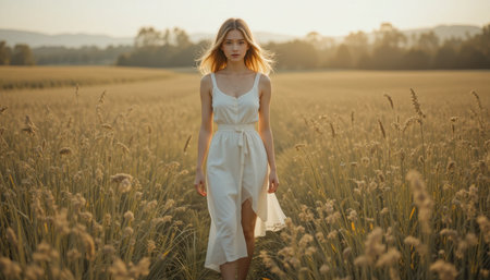 A young woman in a white dress strolls through a golden field at sunset, surrounded by tall grass and tranquility.の素材