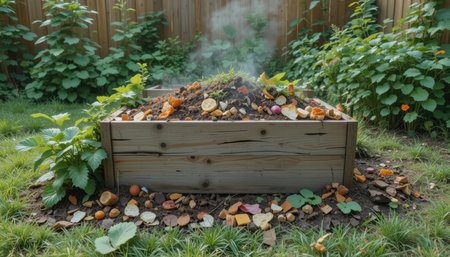 Fresh organic waste is mixed in a compost bin, steam rising as decomposition begins in a backyard setting.の素材